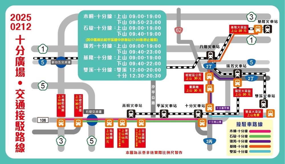 《圖說》2月12日共有5條接駁車路線，其中「雙溪火車站-十分基平橋」路線全程免費。〈觀旅局提供〉